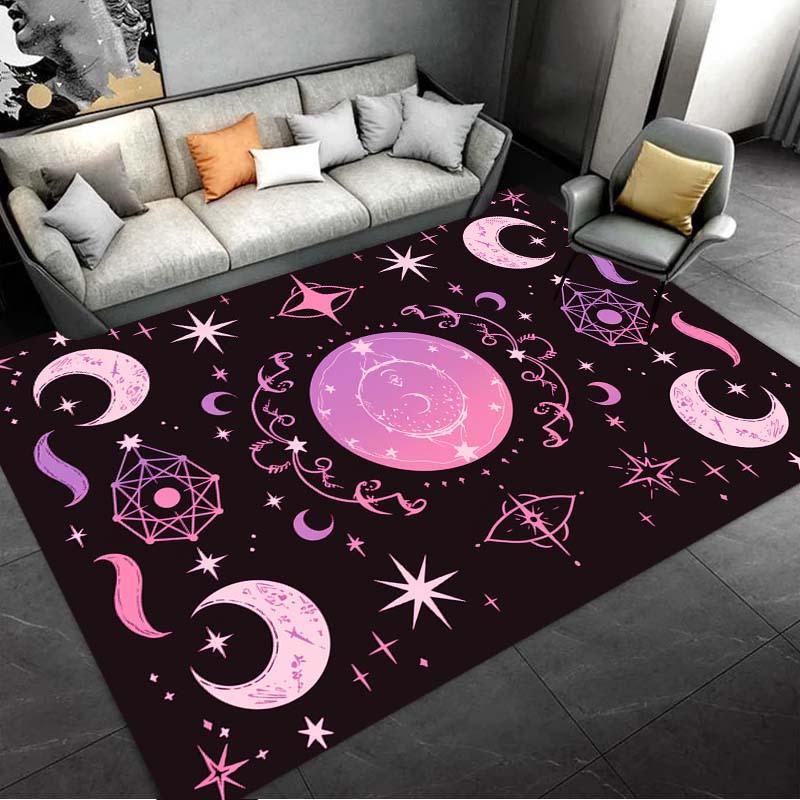 1pc Pink Moon Print Carpet - 800g/sq Crystal Velvet, Large Rectangular Living Room Rug with Celestial Design, Soft Polyester Mat