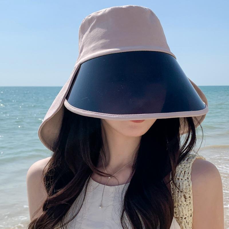 Women'S Big Eaves Anti-Ultraviolet Lenses Sun Hat Outdoor Face Covering Bucket Hat Beach Sun Protection Shawl Bucket Hat