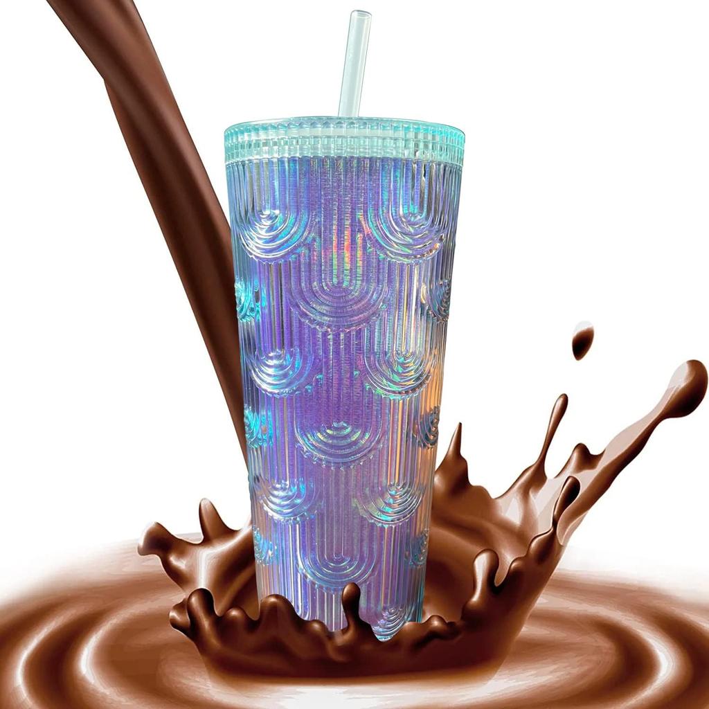 24-Unzen-Becher mit Deckel und Strohhalm, doppelwandig isoliert, wiederverwendbarer, strukturierter Venti-Becher – 100 % BPA-frei