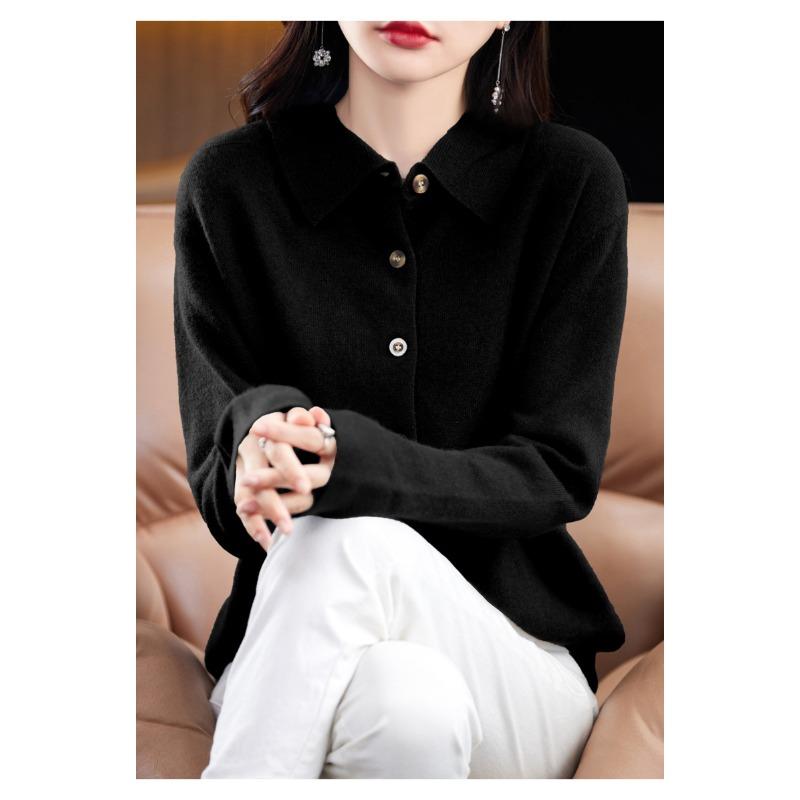 Women's POLO Neck Sweaters Fashion Cardigans Casual Solid Color Print Autumn Winter Long Sleeve