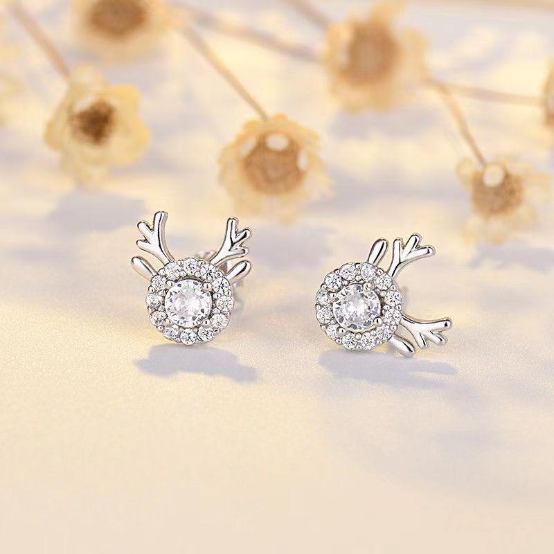 Korean Mori Girl Snowflake Zircon Antler Stud Earrings for Women