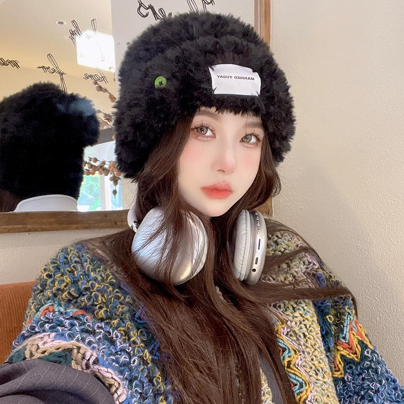 Wool Hat Color Button Fluffy Warm Knitted Hat Cute Fresh Autumn and Winter Versatile Cold Proof Scarf Trendy