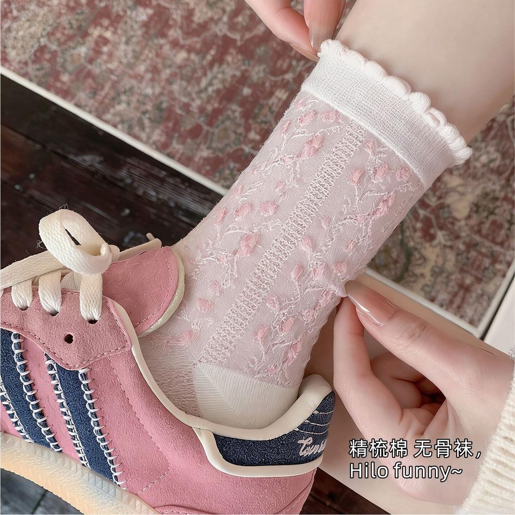 Korean Pink Sweet Floral Socks Women'S Spring And Summer Boneless Pile Socks Simple Lace Japanese Bow Tube Socks
