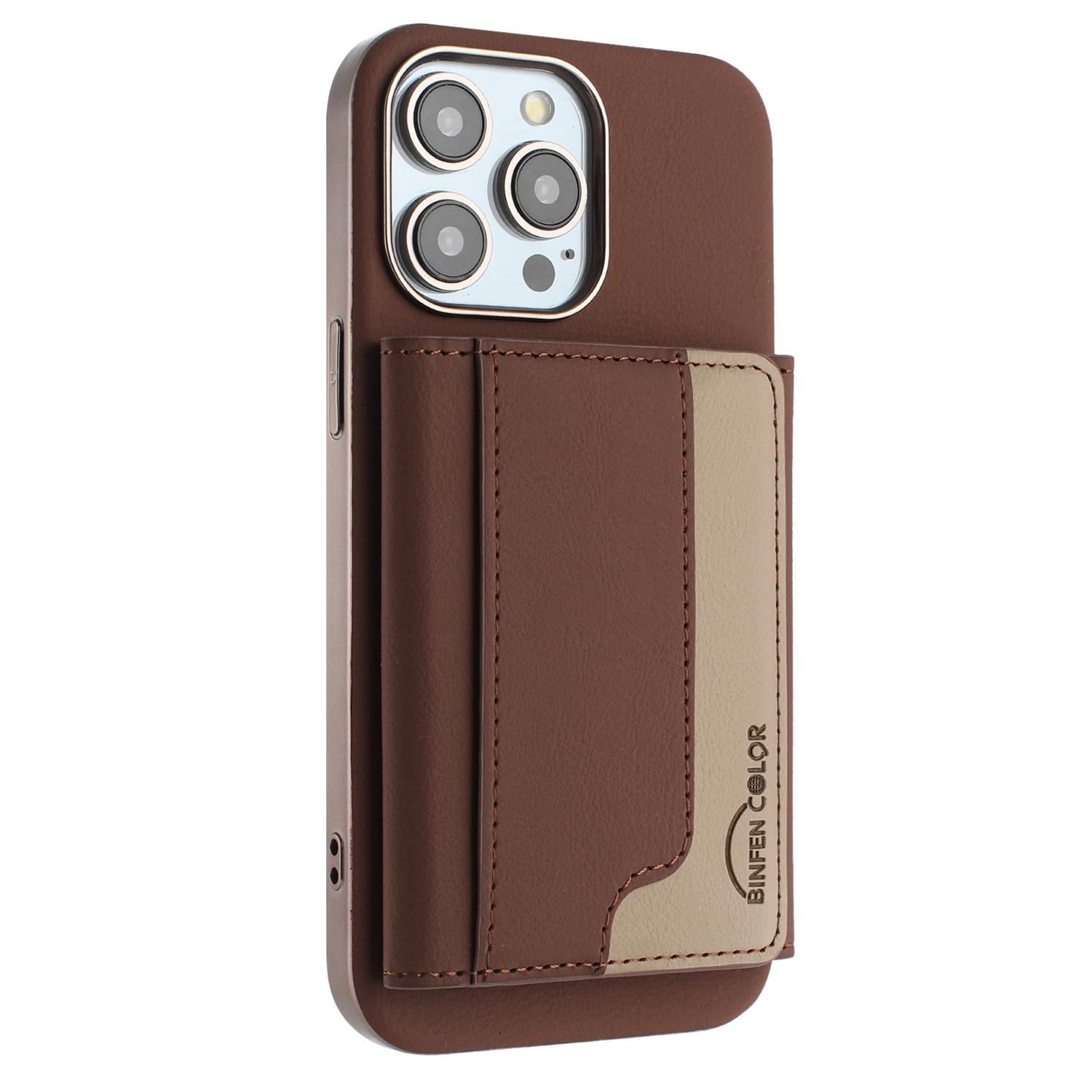 

BINFEN COLOR BF37 For iPhone 16 Pro Max Case Color Splicing Magnetic Card Holder Leather Back Cover Brown