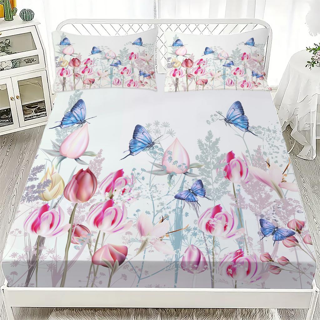 3D Bedding Set Flora Butterflies Birds Printed Fitted Sheets With 1/2 Pillowcases Custom Suitable for Both Boys and Girls Decor