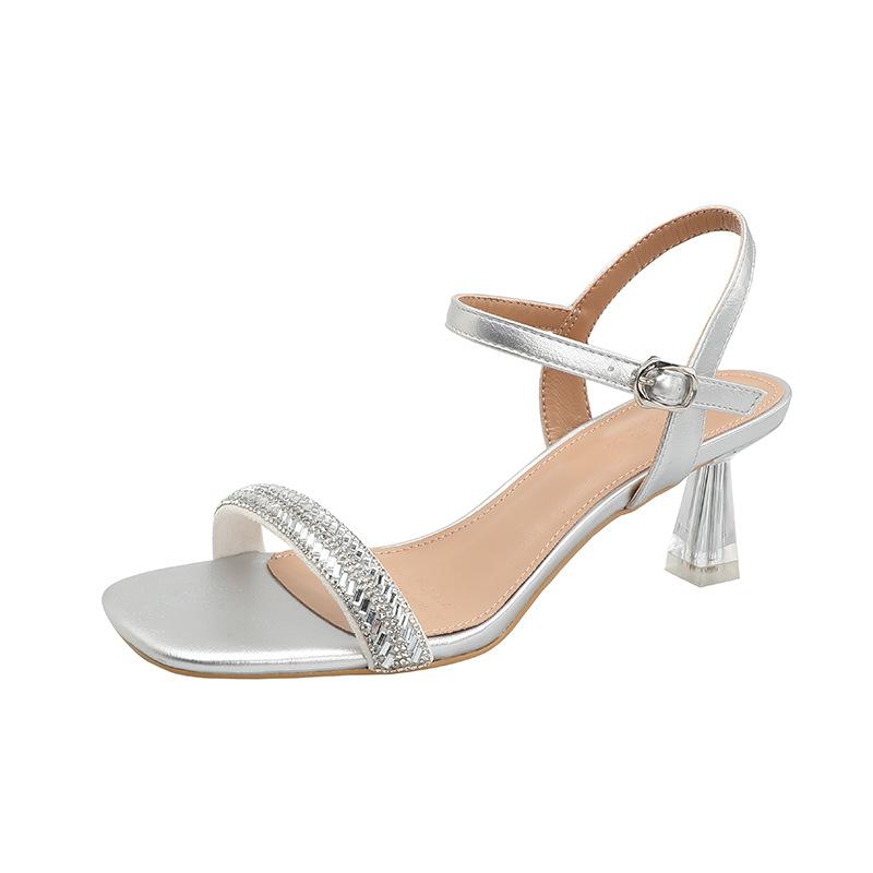 

Fairy wind open toe word with sandals women s summer fashion silver gradual change transparent crystal thin heel square head high heels 40 срібний
