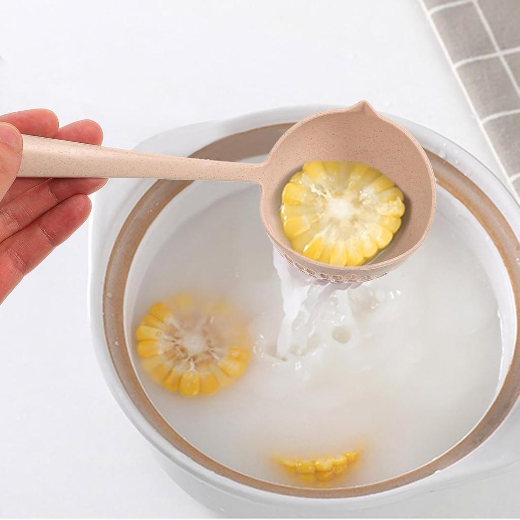 1 Piece 2 in 1 Soup Spoon Wheat Straw Long Handle Soup Spoon Kitchen Straining Ladle Soup Pan Spoon with Filter Strainer YY077