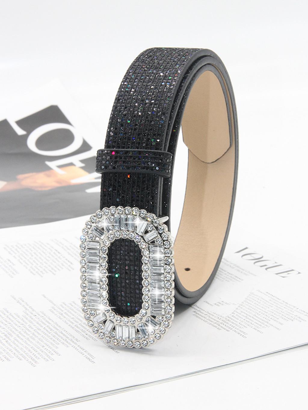 

Pu Leather Ladies Belt With Crystal Square Buckle For Fashionable Casual Wear Black Oval