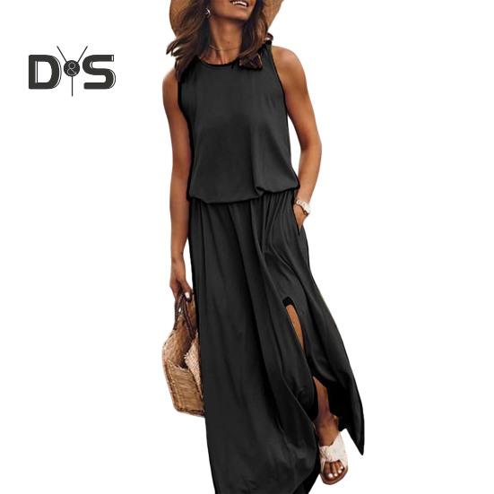 

Женское платье-жилет без рукавов с боковыми разрезами и круглым вырезом, плиссированное макси-платье с карманами, однотонное свободное платье для свиданий, повседневных путешествий M чёрный