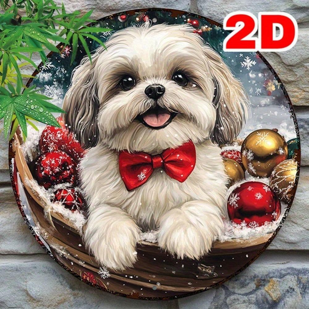 Shiba Inu Christmas Round Wreath Metal Wall Decor 8x8 Inch Aluminum Gift Holiday Home Decoration