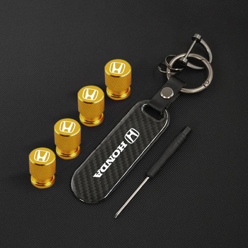 AAAKS1 Motorcycle Carbon Fiber Key Chain +Wheel Tire Valve Caps Set for Mugen Power Honda Civic Accord CRV Hrv Jazz Styling Accessories