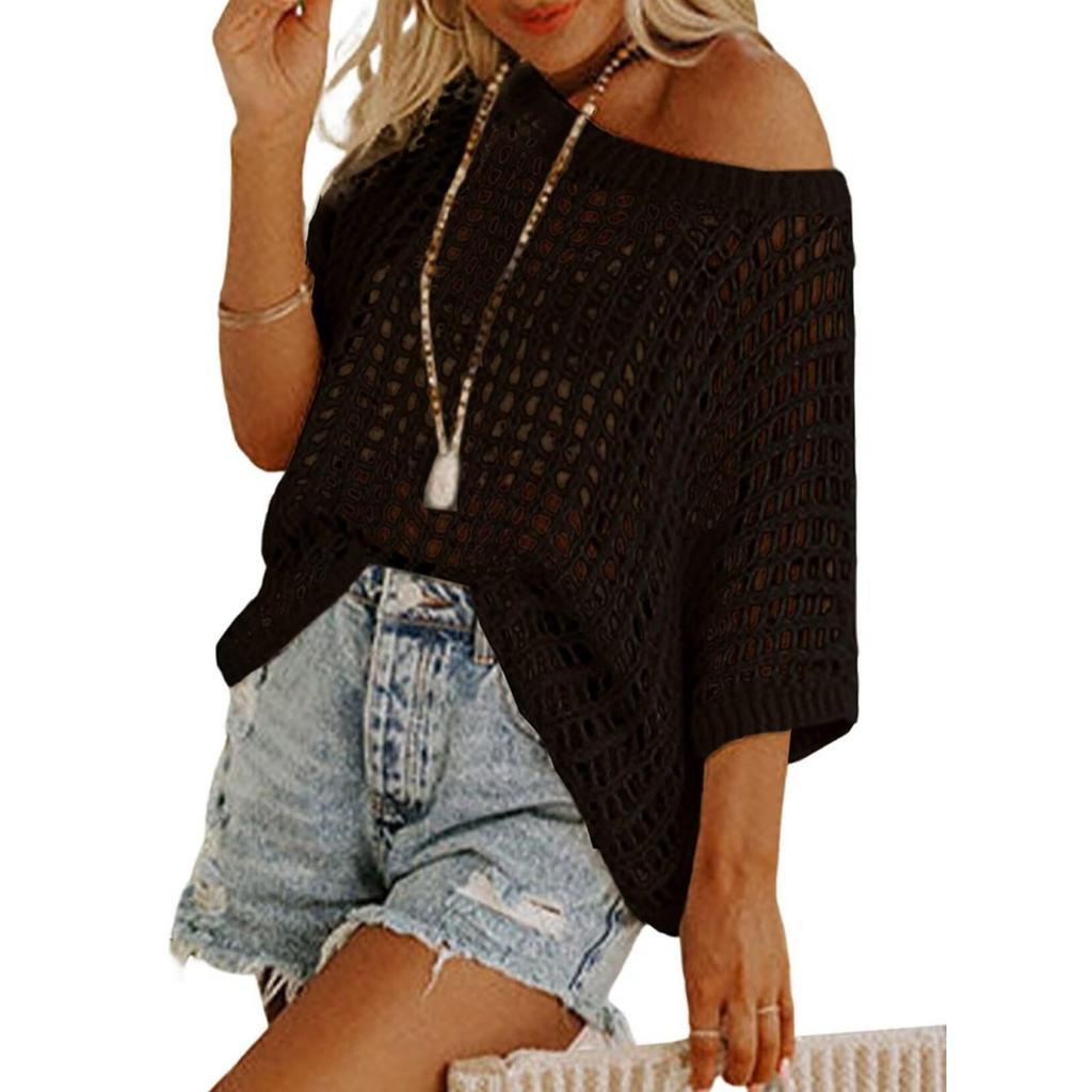Women's Summer Knit Half Sleeve Sexy Cutout Hollow-out Pullover Beach Cover Up Top Sweater
