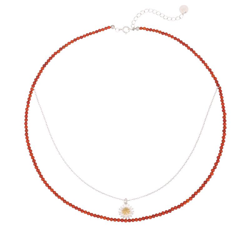 Korean Style S925 Sterling Silver Daisy Red Agate Beaded Necklace - Fashionable Layered Clavicle Chain for Women.