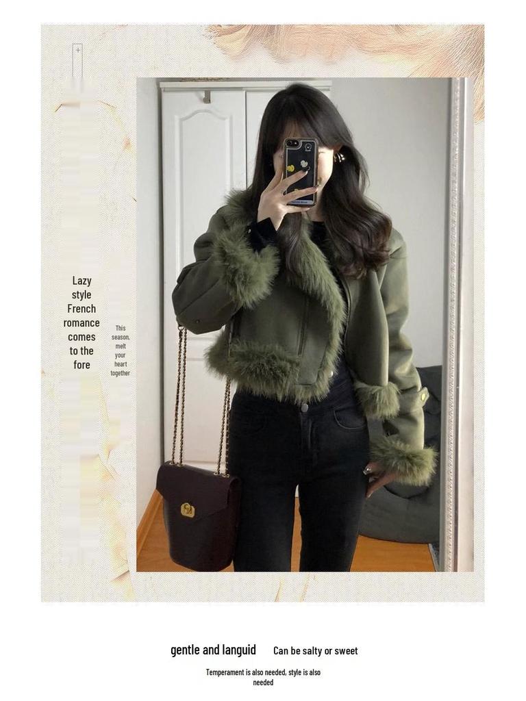 Women's Early Spring 2025 Imitation Fox Fur Petite Motorcycle Jacket