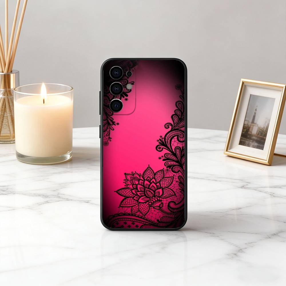 Beautful Black L-lace Print Phone Case For Samsung S25,S24,S21,S22,S23,S30,Ultra,S20,Plus,Fe,Lite,Note,10,Black Cover