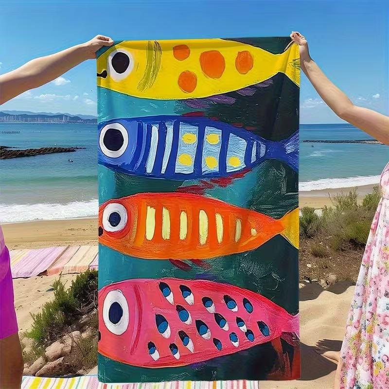 Süßes buntes Cartoon-Fischmuster Strandtuch Weich Schnelltrocknend Sandfest Kinderhandtuch Sommer Strand Schwimmen