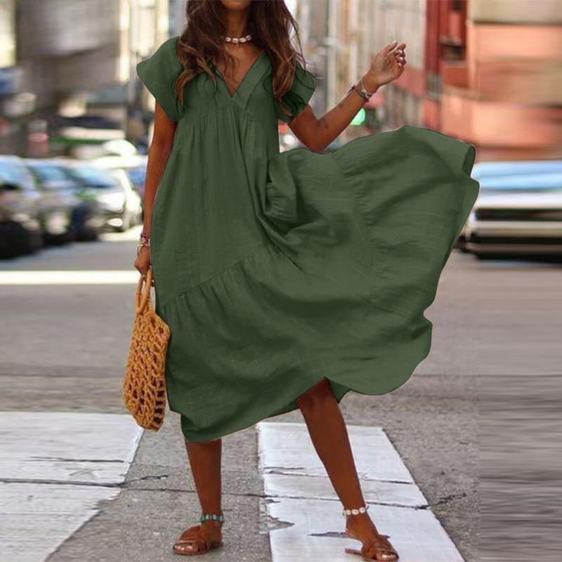 Plus-size Multi-colored Loose V-neck Dress for Women