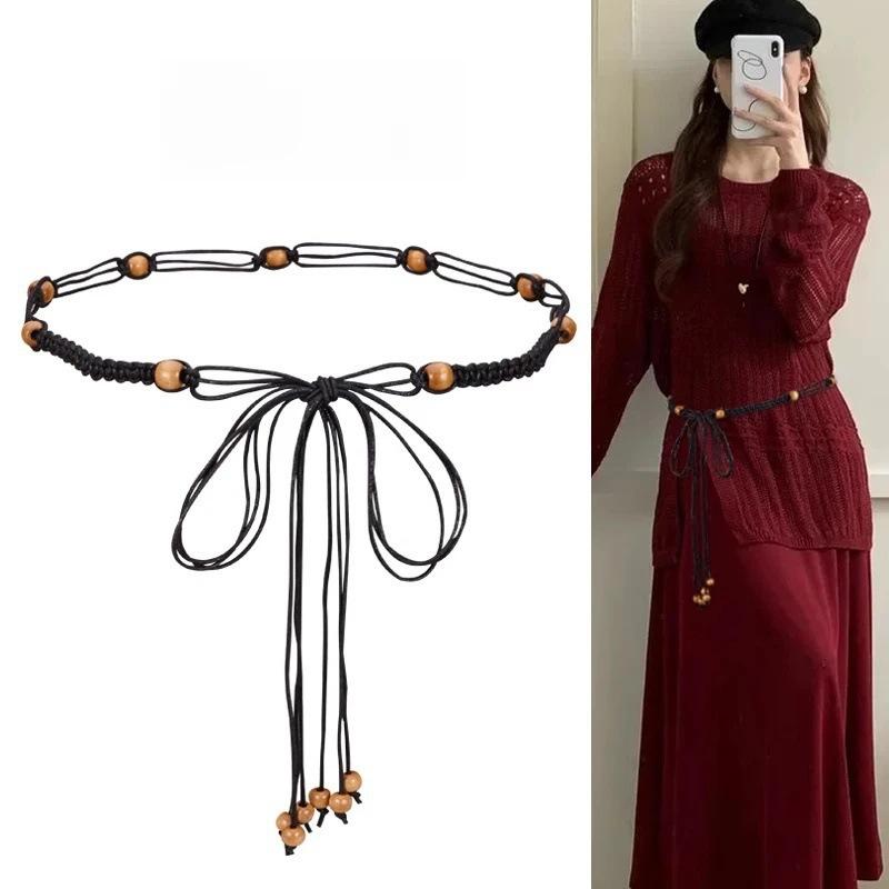 Women s Boho Beaded Waist Belt Handmade Woven String Wood Beads Adjustable Magnetic Suction Buckle Belt for Dresses Casual