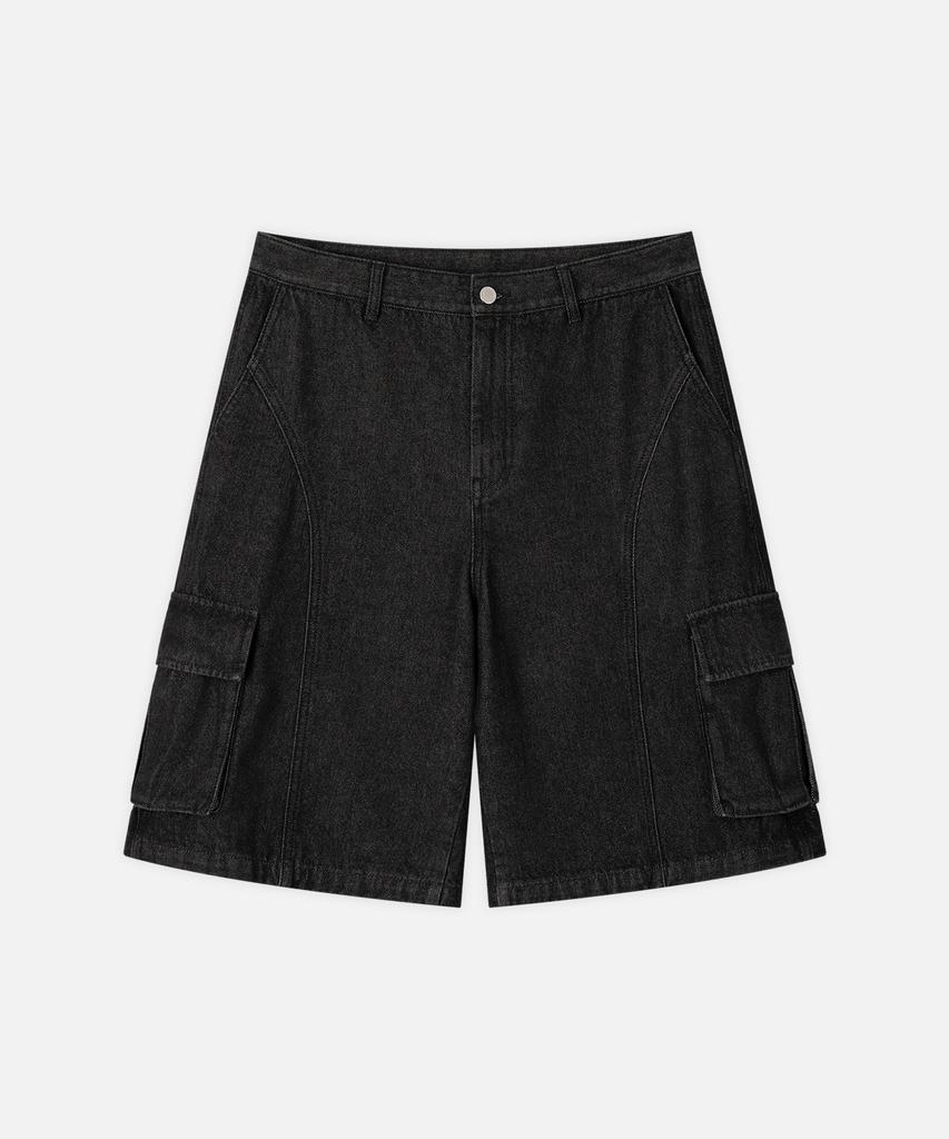 DRAW FIT Curved Line Cargo Denim Half Pants [Black]