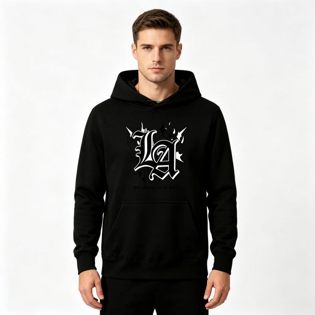 Erkek Kazak Kapüşonlu Sweatshirt, Günlük Giyim İçin Rahat LA Yıldız Alev Grafik Baskılı Uzun Kollu Kapüşonlu Sweatshirt