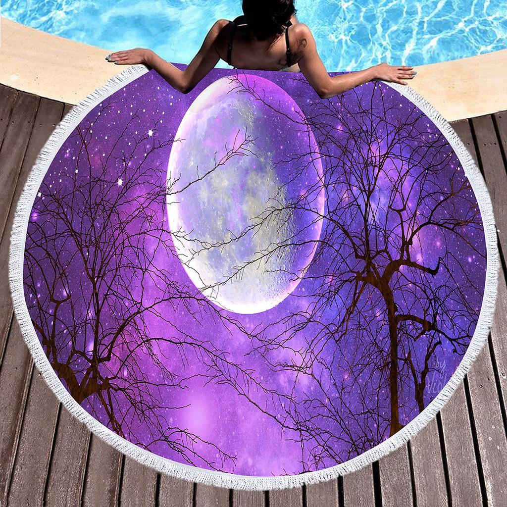 Purple Dreamy Scenery Print Round Beach Towel,Polyester Sand Resistant Beach Blanket,Absorbent Quick Dry Pool Towel Picnic Mat