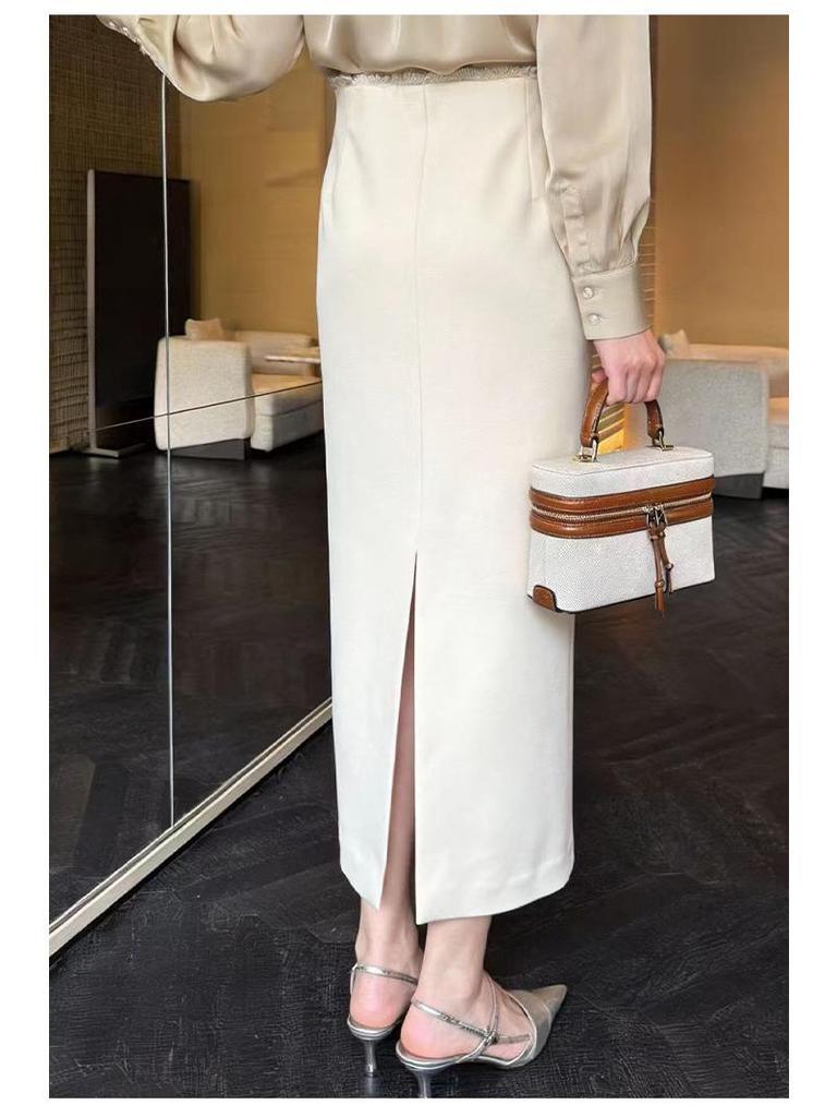 Rongtai Elegant High-Waist Lace Trim Straight Skirt with Back Slit - Women's Fashion 2026