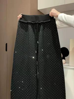 Dames Hoge Taille Zwarte Pailletten Wijde Pijpen Broek - Lente 2026, Plus Fluweel, Petite Plooi, Rechte Pijp, Nieuwe Collectie
