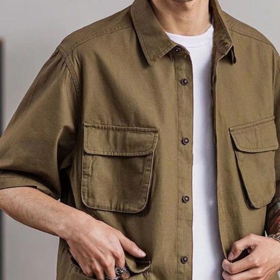 Men Summer Shirt Solid Color Multiple Pockets Lapel Single-breasted Cardigan Keep Trendy Casual Breathable Men Shirt for Work