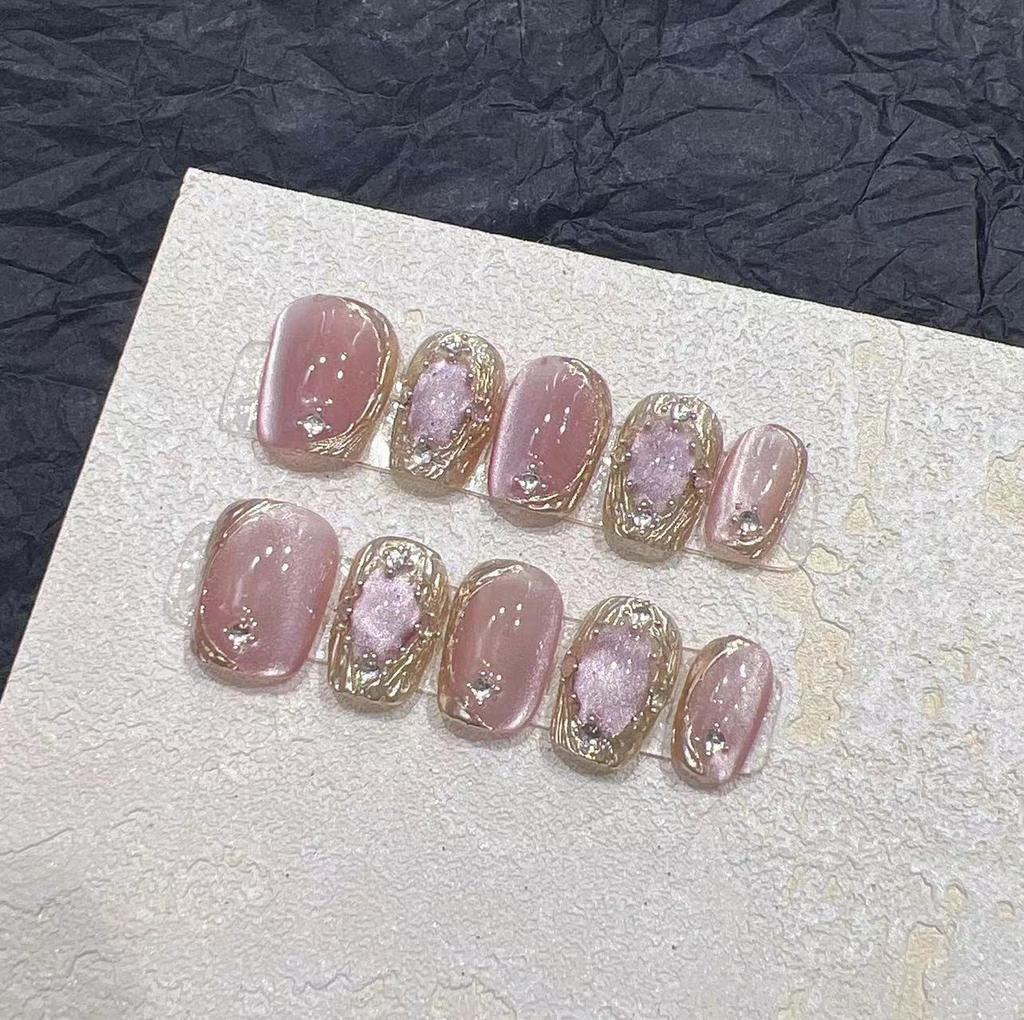 Pure Hand-wearing Nail Fake Nail Patch Nail Art Finished Pink Light Bulb Cat Eye Cloth Chela Magic Mirror Miracle Angel