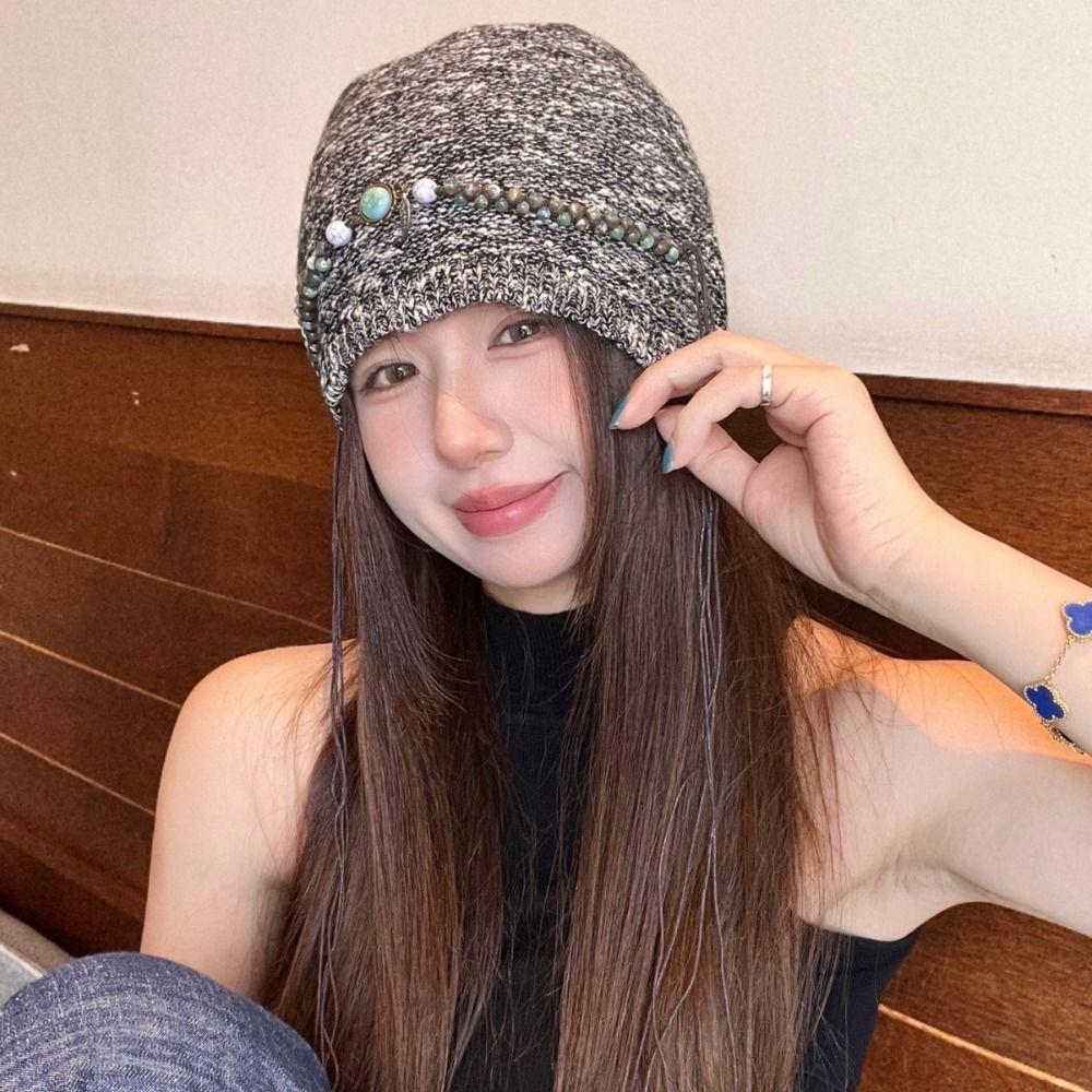 Ethnic Style Bohemian Beanies Hat Coldproof Jacquard Woolen Hat Fashion Beaded Fringed Cap  Female