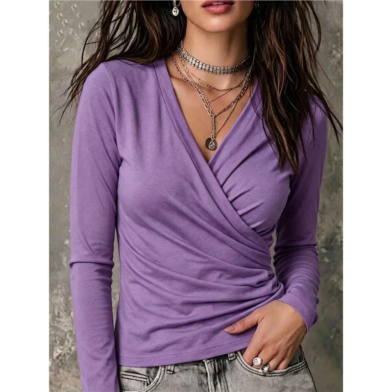 2026 Autumn Women's Cross V-neck Pleated Long Sleeve Casual T-shirt
