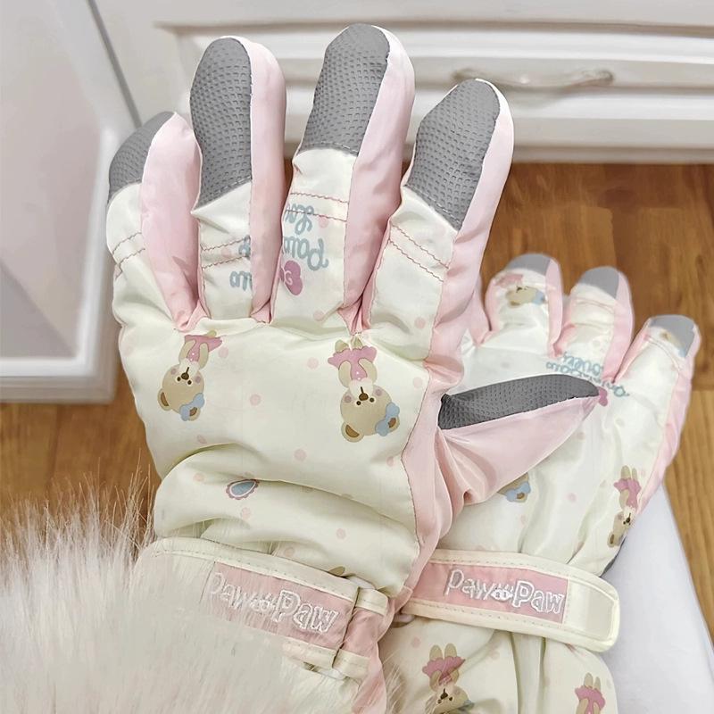 Cute bear ski gloves girls winter Korean warm velvet thickened outdoor windproof waterproof cold cycling