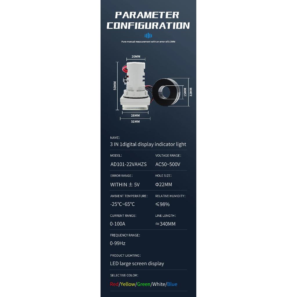 Digital 22mm AC50-380V Volt 0-100A 0-99HZ Voltmeter Ammeter Current Hertz Voltage Meter LED Indicator Lamp Pilot Light