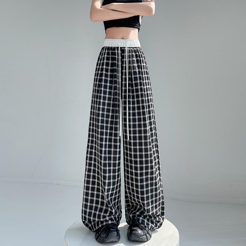 Lazy Women's Floor Trousers Retro Plaid Wide-leg Pants Casual Blue High Waist Loose Chic Korean Sub-summer