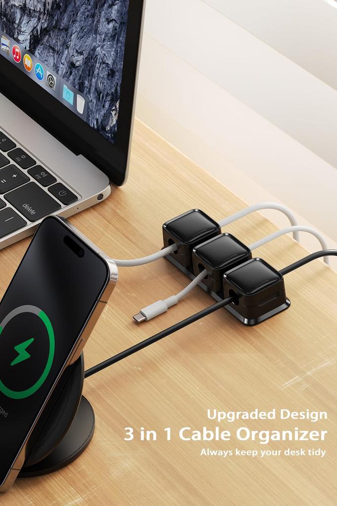 Smofish Cable Clip Holder, 9-Slot Magnetic Desk Cord Organizer, 3-Pack Set, Hidden Phone Charging Cable Keeper, Cord Management, Reusable Adhesive