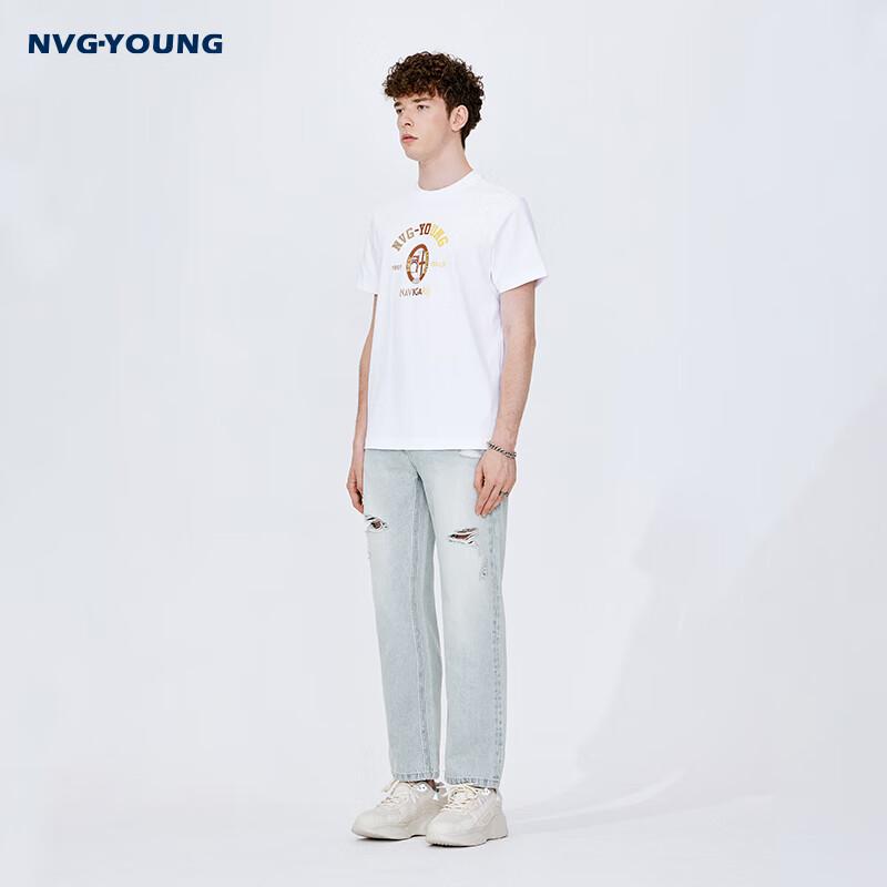 NVG YOUNG Men's Ripped Straight Cropped Denim Jeans