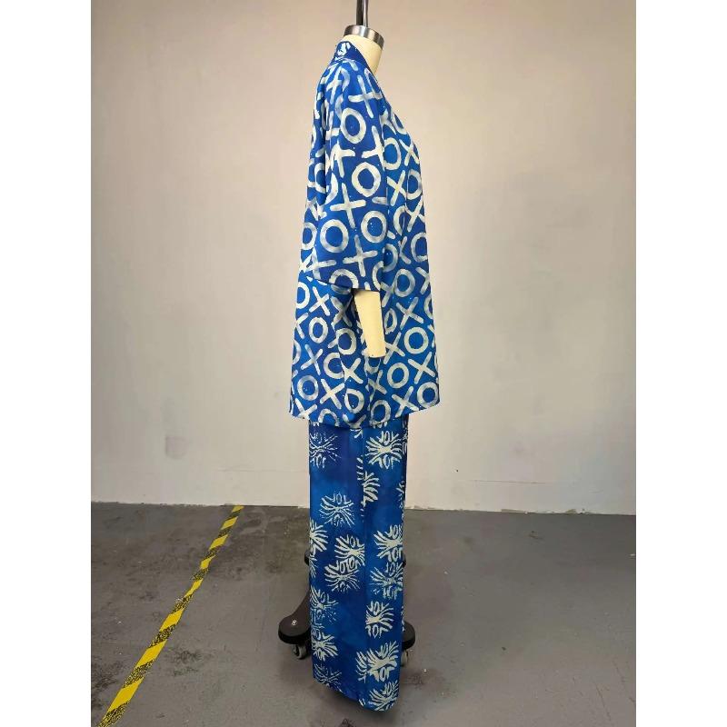 Women Pant Set Two Piece Sets V Neck Bat Sleeve Print Wide Leg Long Pants Casual Loose Elastic Waist Y2k Streetwear