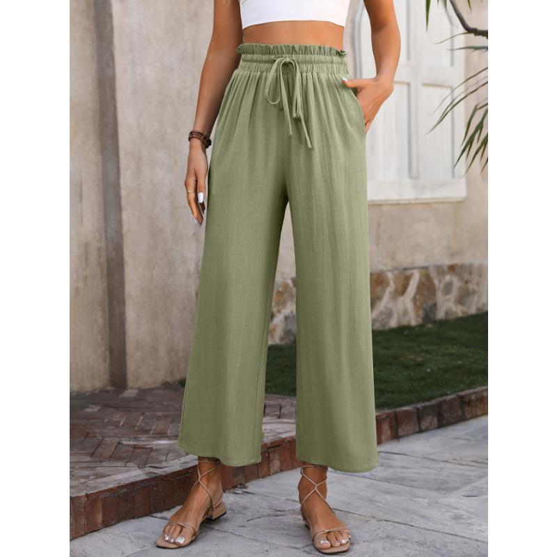New Women's Solid Color Cotton Linen Wide Leg Pants, High Waist Elastic Drawstring Casual Trousers for Spring Summer