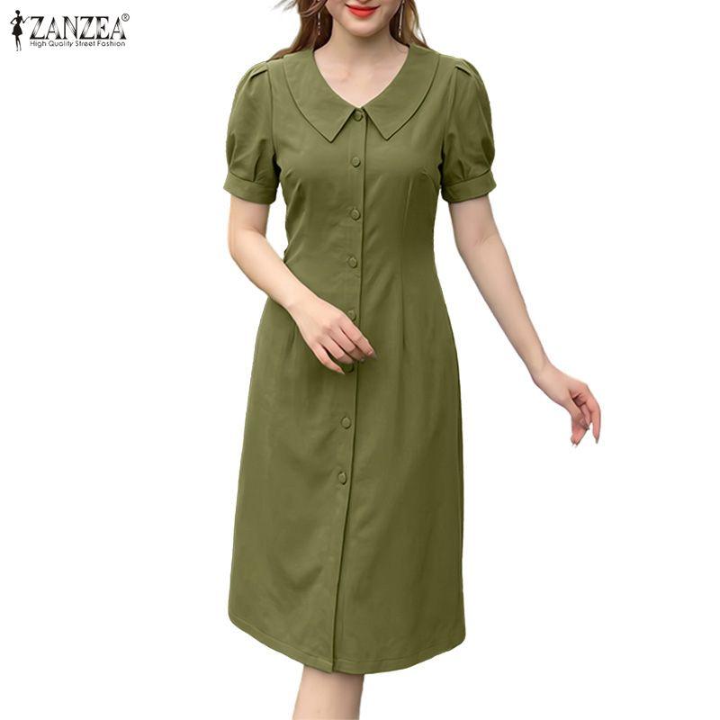 ZANZEA Women Casual V-Neck Solid Color Summer Short Sleeve Dress