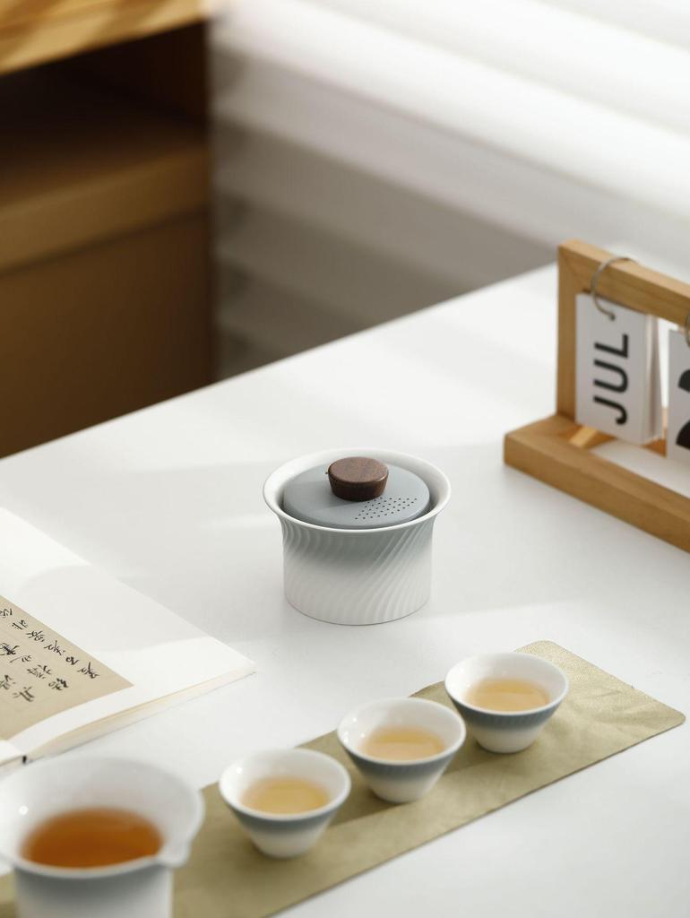 Outdoor Portable Ceramic Tea Set: One Pot, Three Cups, Gradient Grey Glaze for Travel and Business Trips