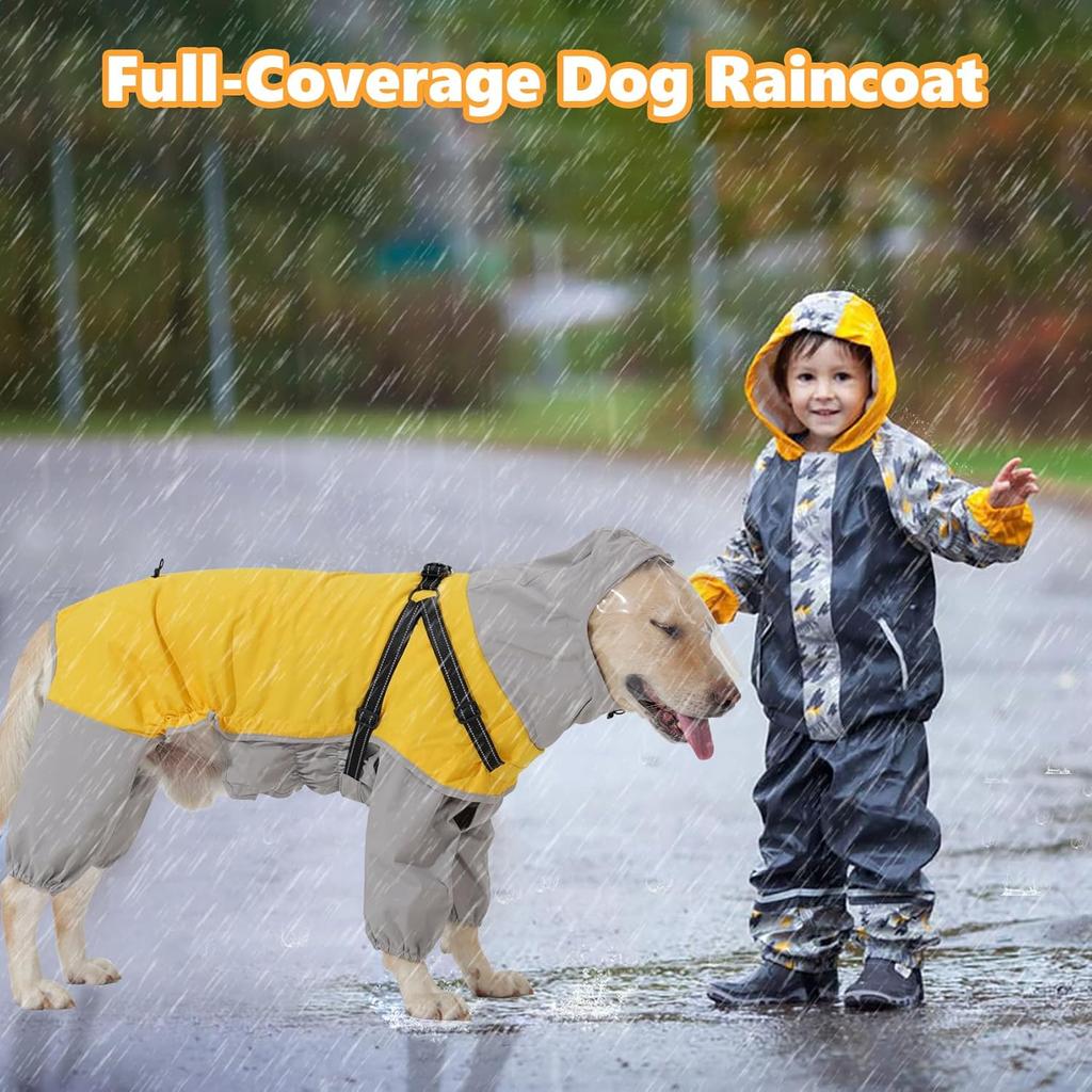 LIANZIMAU Waterproof Dog Raincoat 4 Legs with Leash Hook Reflective Adjustable Belly Strap Clear Hood Lightweight Polyester for Small Medium Large