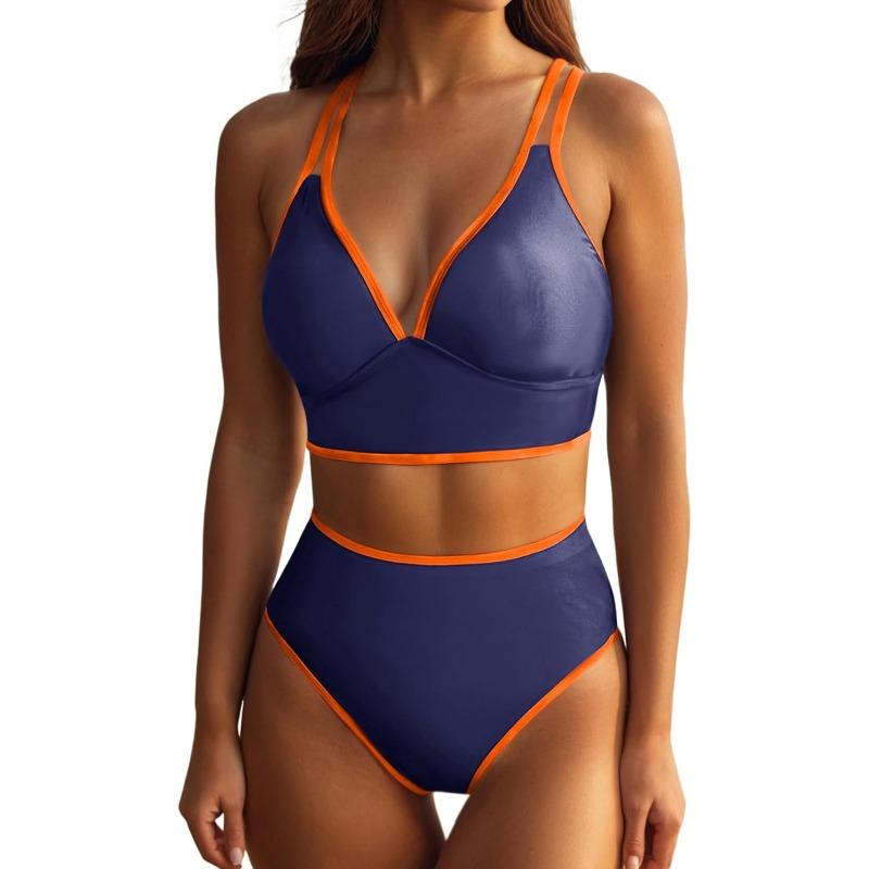 

Глубокий V-образный вырез Сексуальный раздельный купальник Перекрещенная спина Контрастный бюстгальтер Шорты с высокой талией Купальник из 2 частей XL королевский синий