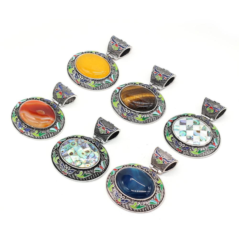 1Pc Bohemian Energy Natural Stone Oval Pendant, Reiki Healing Crystal Charms for DIY Women's Necklace Accessories, Halloween Jewelry Making Craft Gift