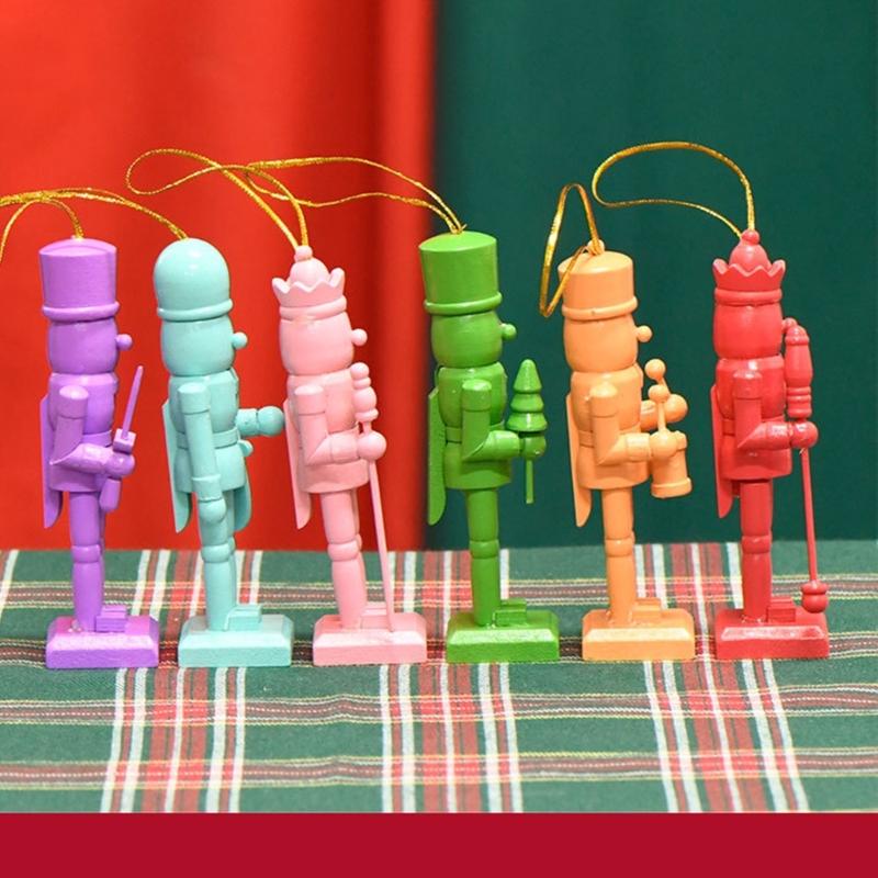 Set of 6 Traditional Colorful Wood Nutcrackers Soldiers Figurine Christmas Tree Hanging Pendants Decoration Festival