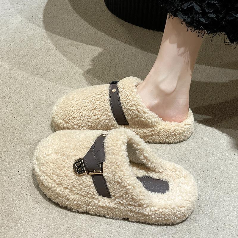 Niche Mao Mao Slippers Women's Wear 2025 New Autumn and Winter Internet Celebrity Versatile Lamb Wool Thick-bottomed Cotton Slippers