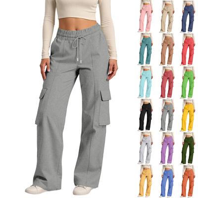 Women's Casual Fashion Color Elastic Waist Drawstring Workwear Wide Leg Pants With Pockets