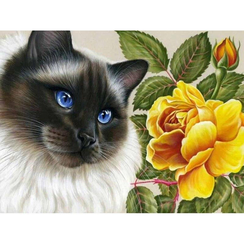 Nuovo 5D Pittura Diamante Fai da Te Gatto Fiore Ricamo Diamante Animale Punto Croce Trapano Rotondo Completo Decorazione Casa Arte Manuale Regalo
