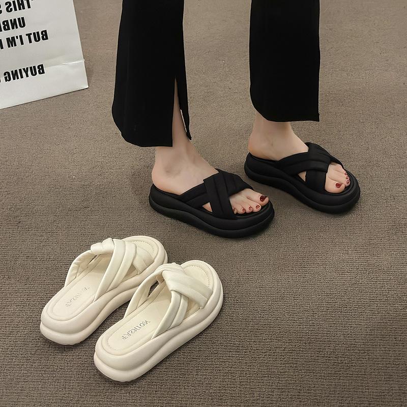 Platform drag women's shoes new summer wear beach one-word slippers cross fashion soft sole women non-slip