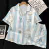 Blue Striped Little White Dog Ice Silk Pajamas Women'S Summer Short Sleeve Student Thin Homewear Set