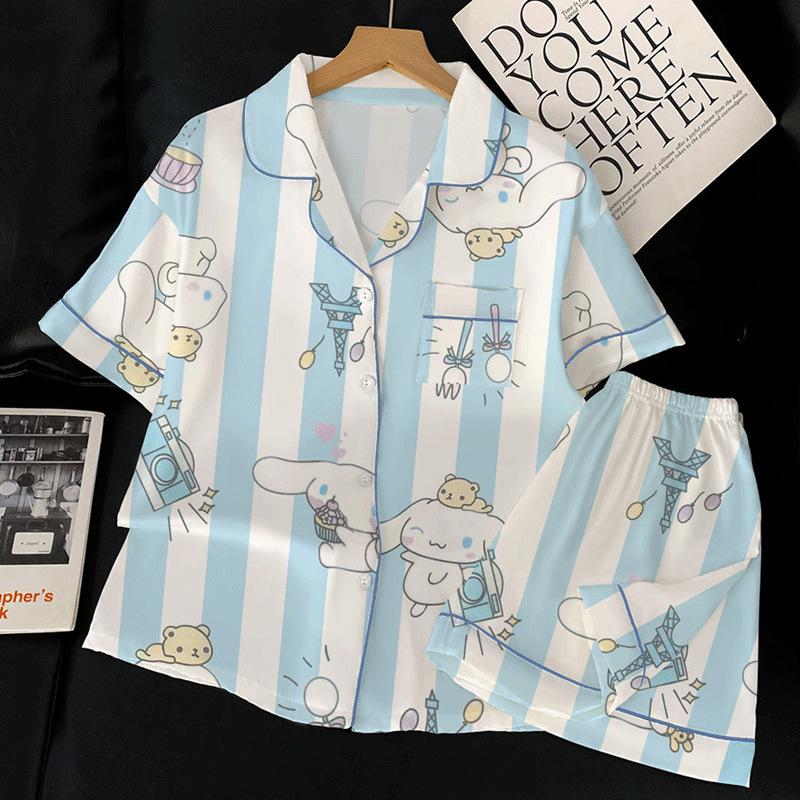 Blue Striped Little White Dog Ice Silk Pajamas Women'S Summer Short Sleeve Student Thin Homewear Set